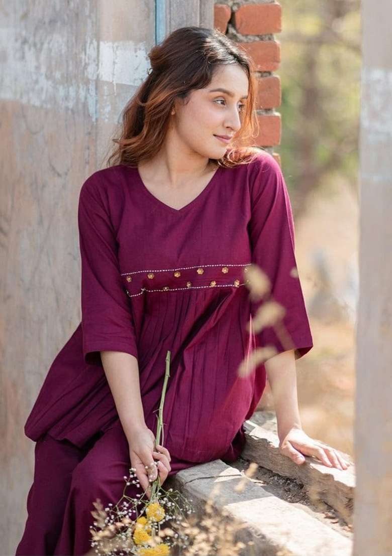 Wine Embroidery Cotton Kurta Set - Indya