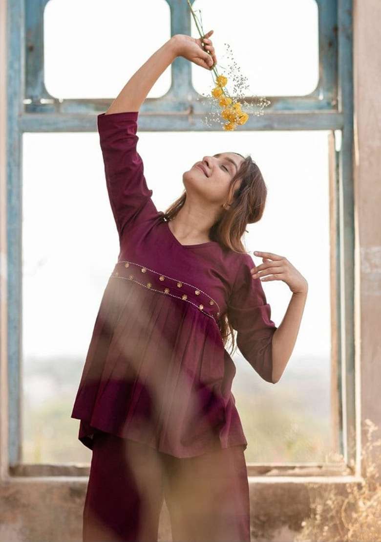 Wine Embroidery Cotton Kurta Set - Indya