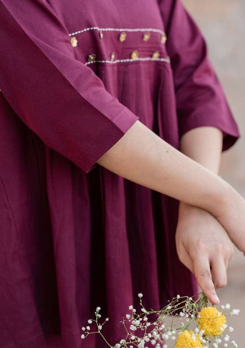 Wine Embroidery Cotton Kurta Set - Indya