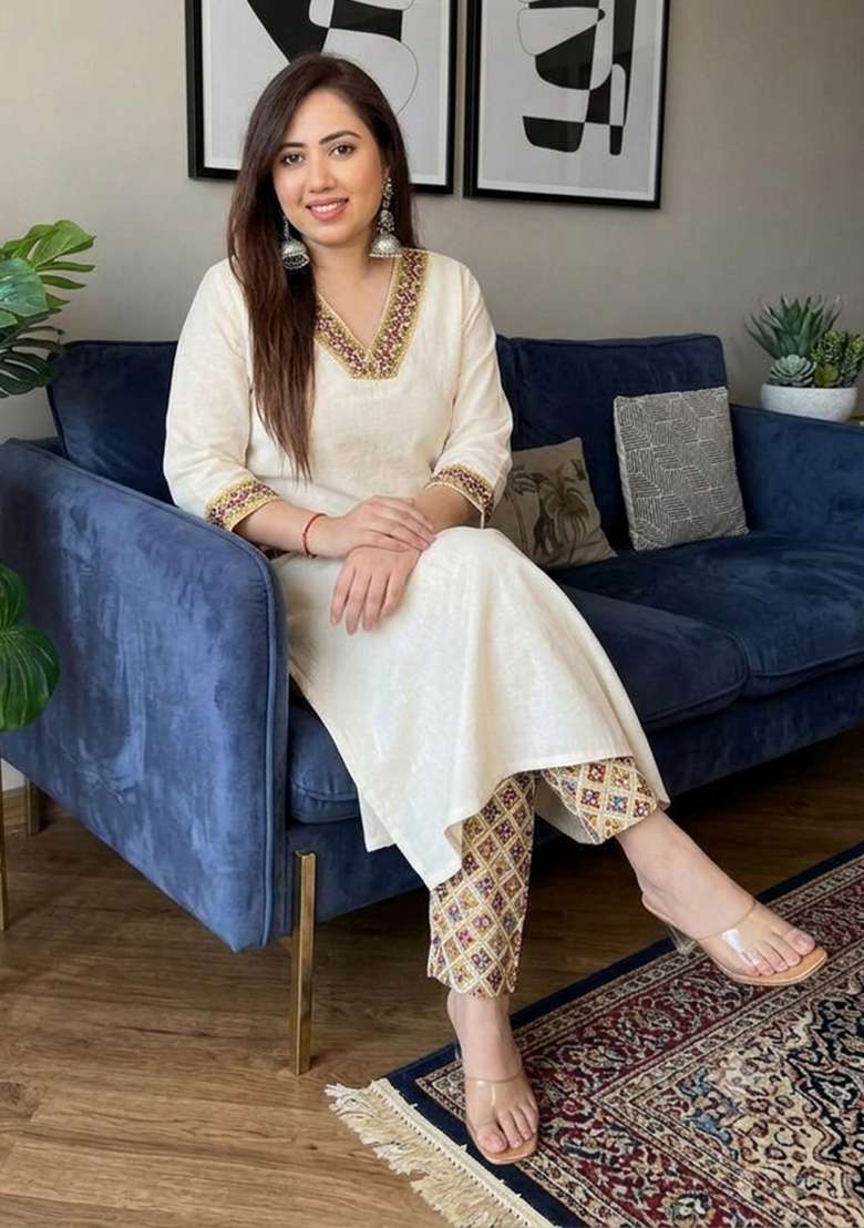 White Embroidery Cotton Kurta Set - Indya