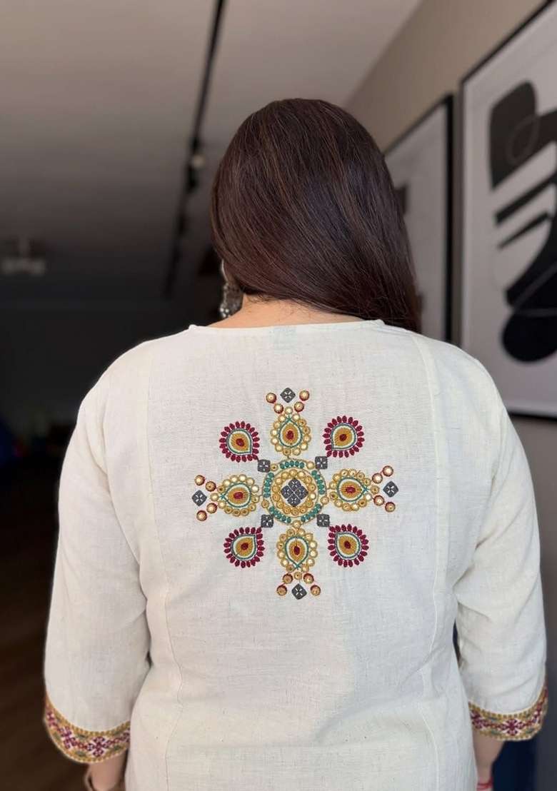 White Embroidery Cotton Kurta Set - Indya