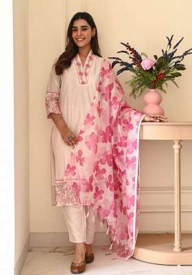 Off White Embroidery Cotton Kurta Set