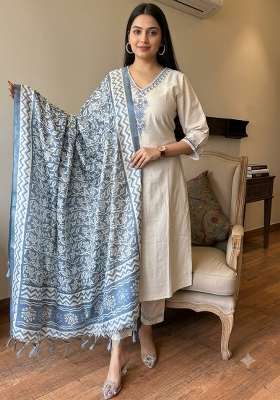Off White Embroidery Cotton Kurta Set