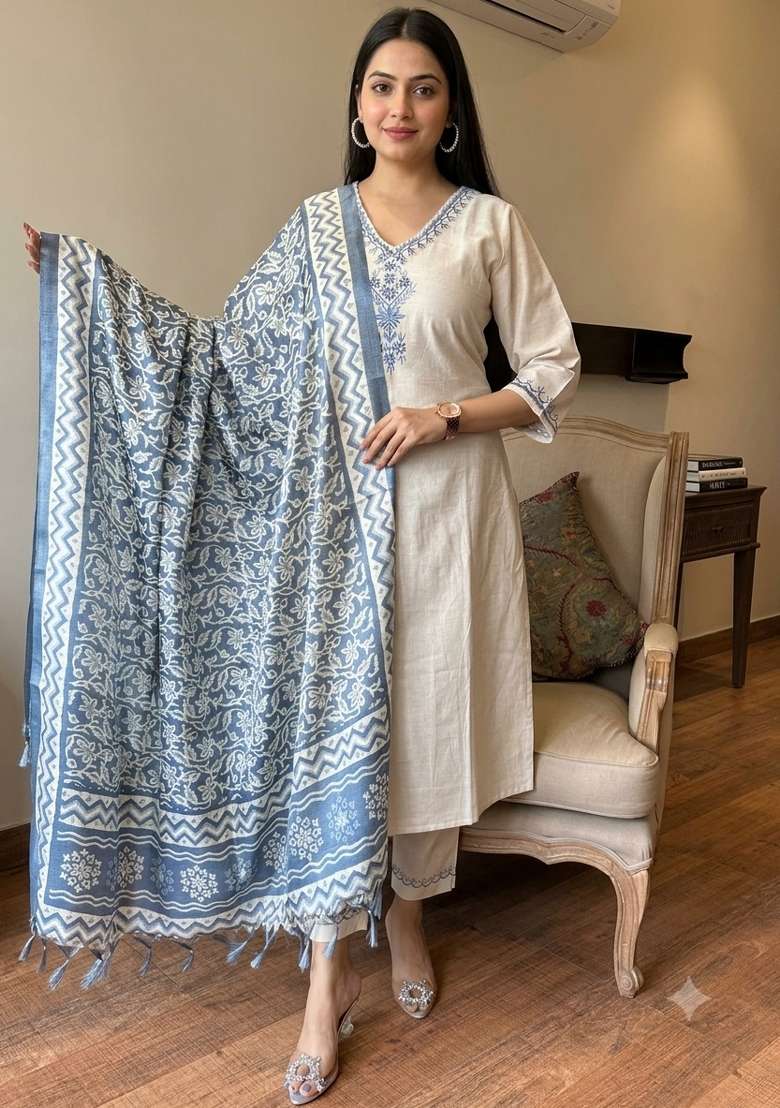 Off White Embroidery Cotton Kurta Set - Indya