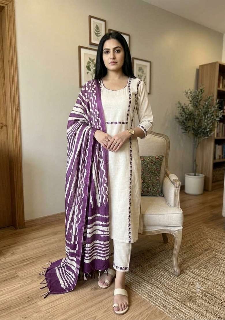Cream Embroidery Cotton Kurta Set - Indya