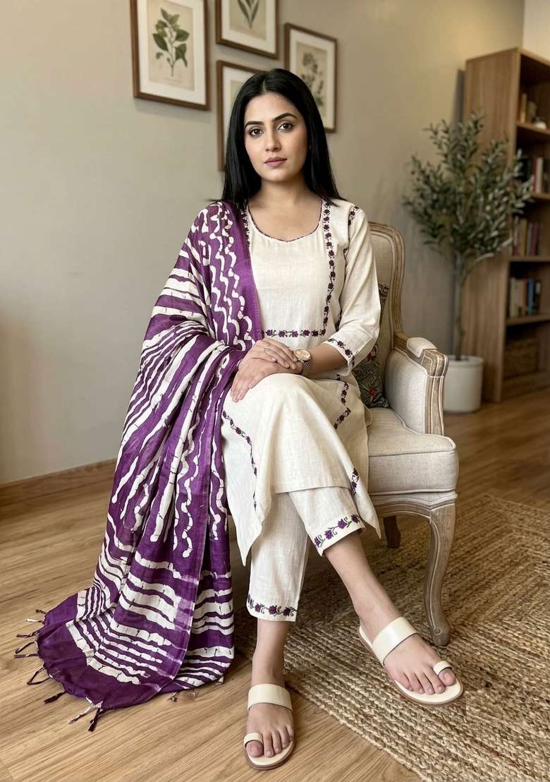 Cream Embroidery Cotton Kurta Set - Indya