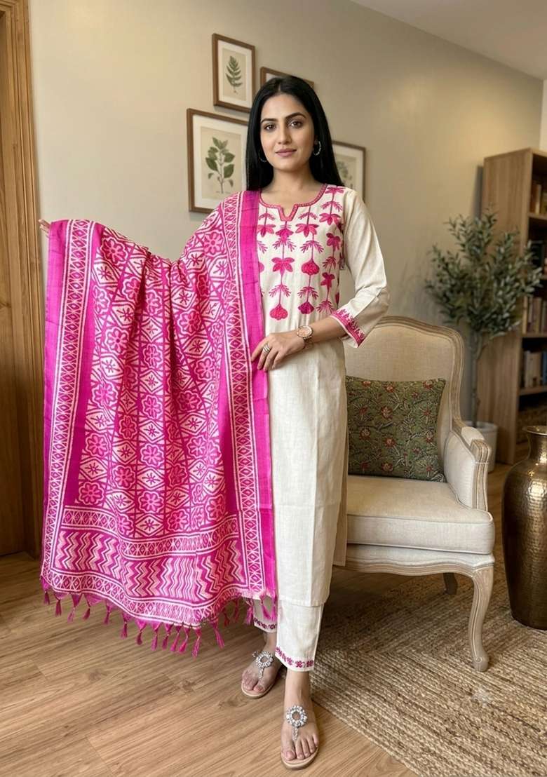 Off White Embroidery Cotton Kurta Set - Indya