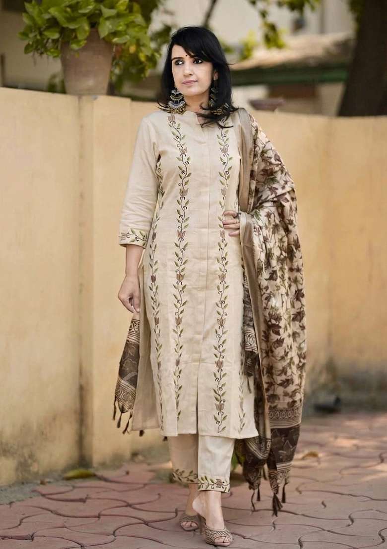 Beige Embroidery Cotton Kurta Set - Indya