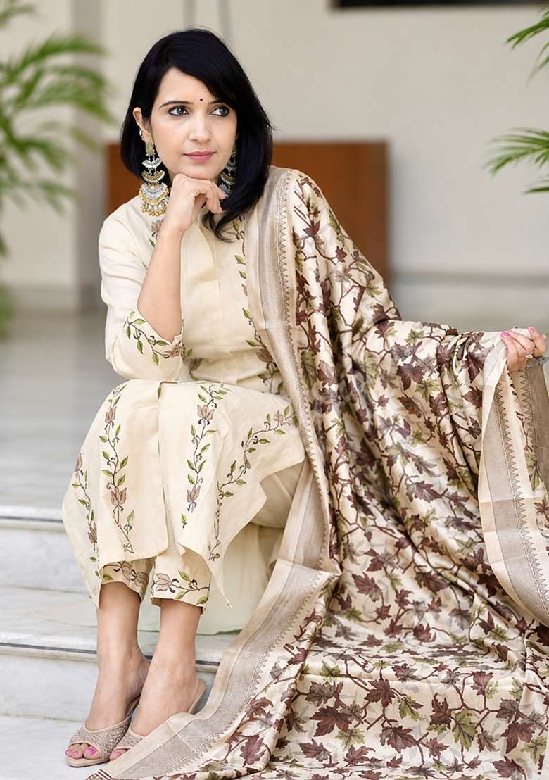 Beige Embroidery Cotton Kurta Set - Indya
