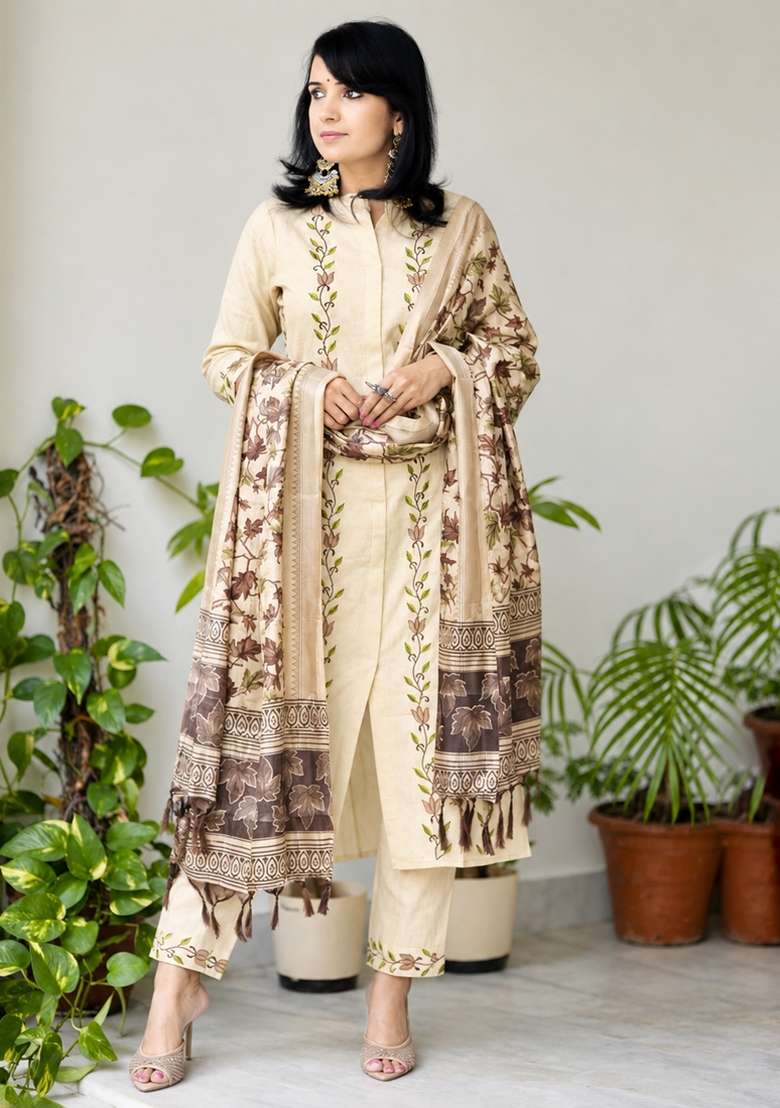 Beige Embroidery Cotton Kurta Set - Indya