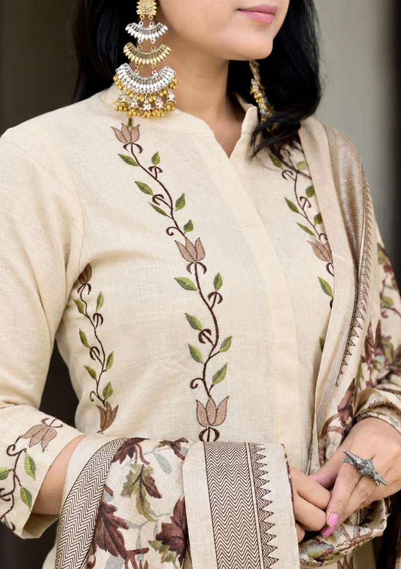 Beige Embroidery Cotton Kurta Set - Indya