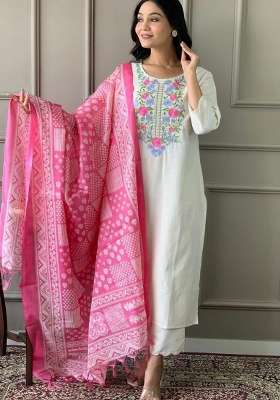Off White Embroidery Cotton Kurta Set