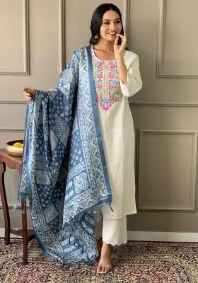 Off White Embroidery Cotton Kurta Set