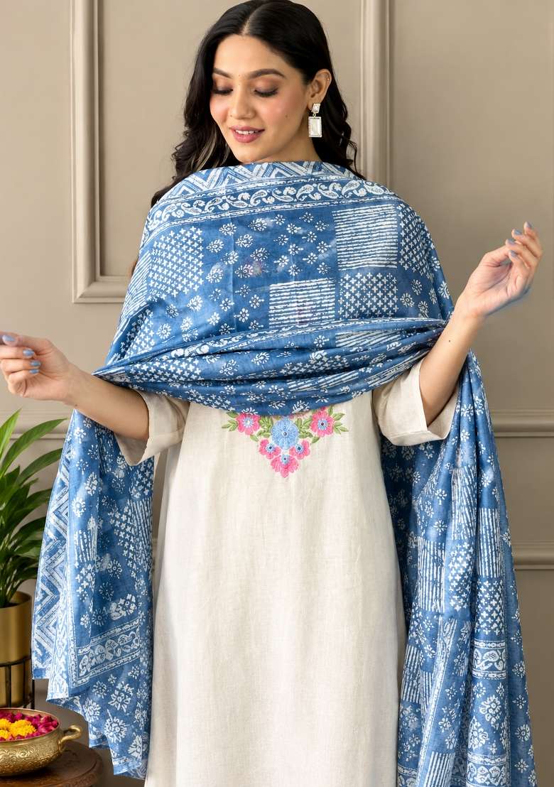 Off White Embroidery Cotton Kurta Set - Indya