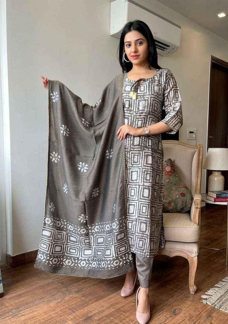 Grey Printed Cotton Kurta Set - Indya