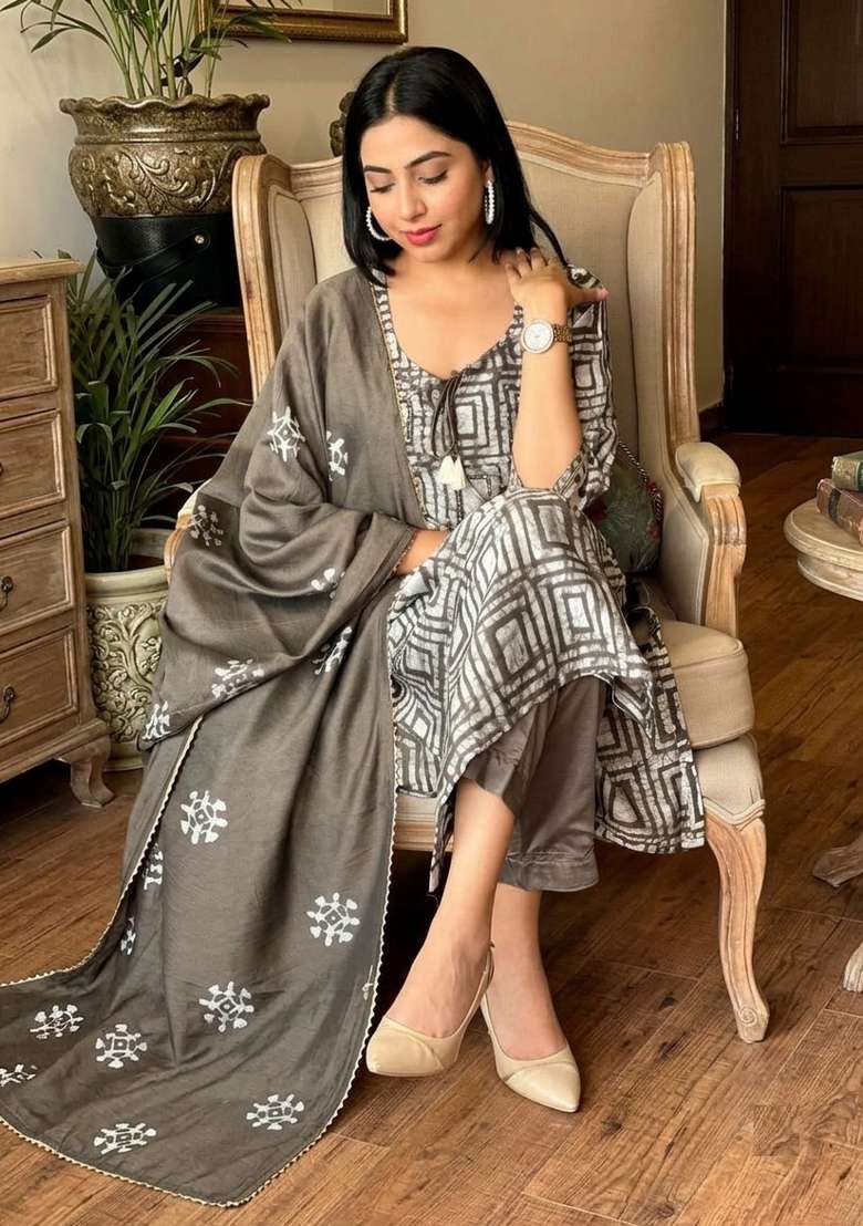 Grey Printed Cotton Kurta Set - Indya