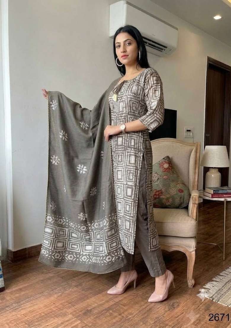 Grey Printed Cotton Kurta Set - Indya
