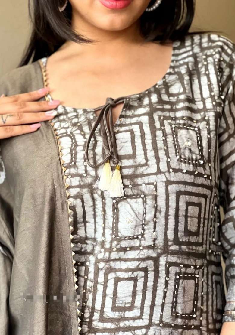 Grey Printed Cotton Kurta Set - Indya