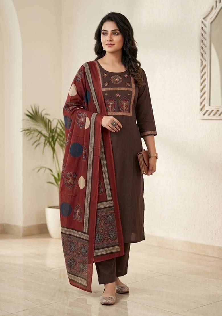 Brown Printed Cotton Kurta Set - Indya