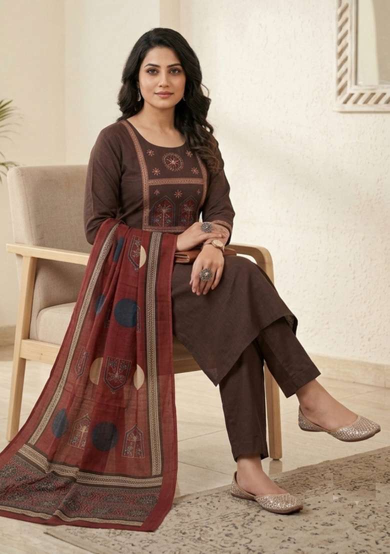 Brown Printed Cotton Kurta Set - Indya