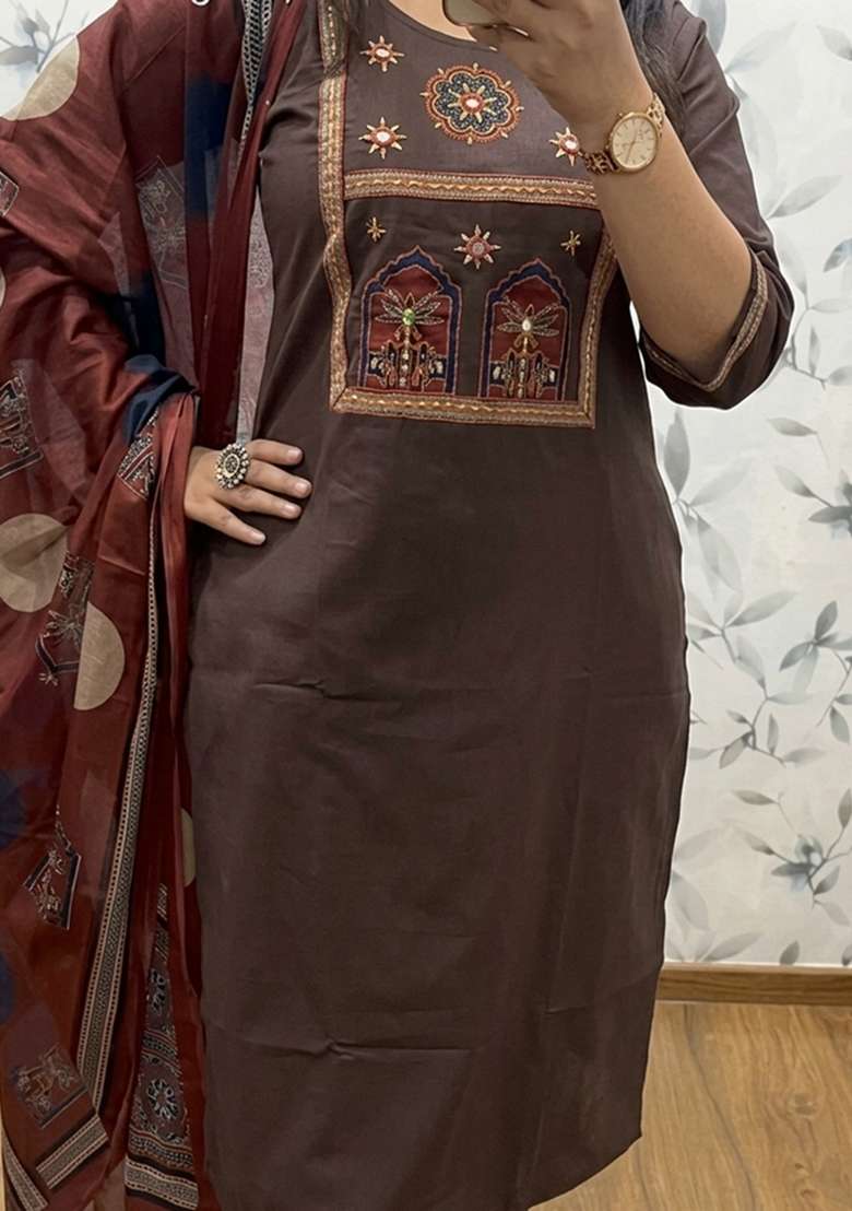 Brown Printed Cotton Kurta Set - Indya