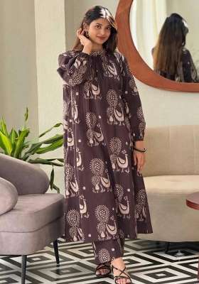 Brown Printed Cotton Kurta Set