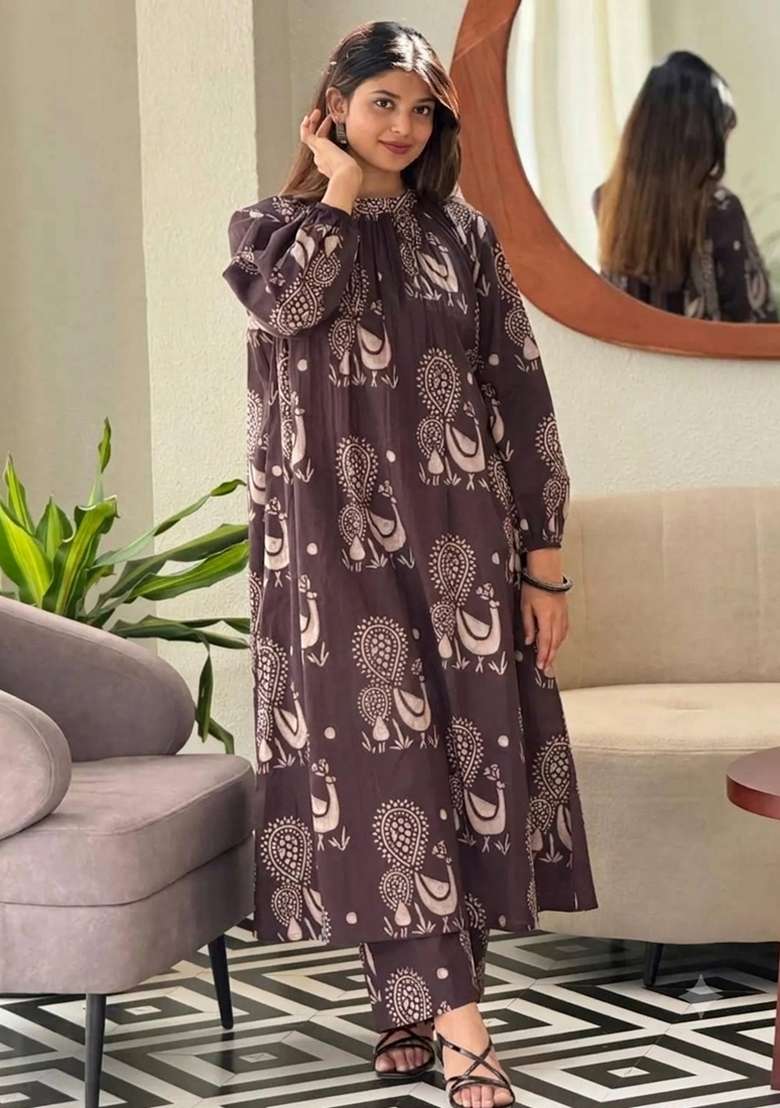Brown Printed Cotton Kurta Set - Indya