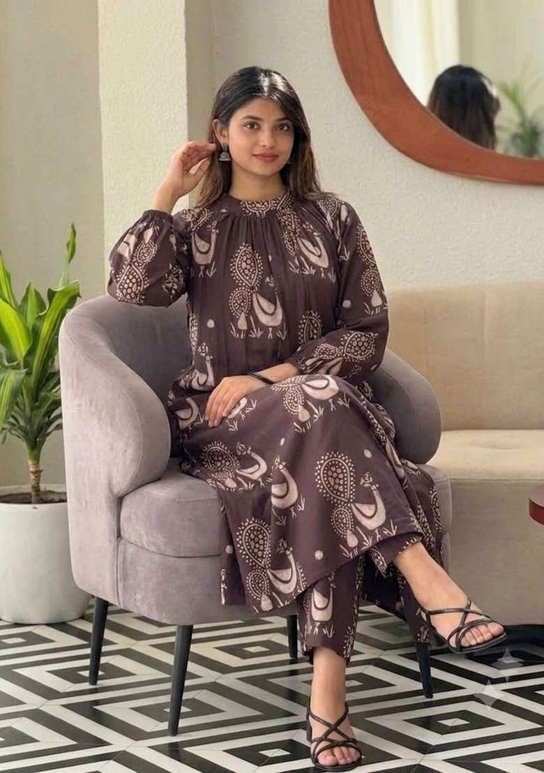 Brown Printed Cotton Kurta Set - Indya