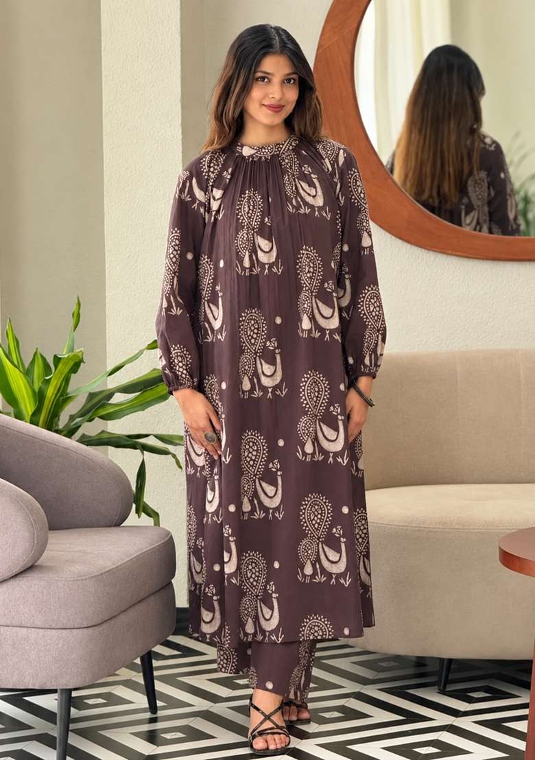 Brown Printed Cotton Kurta Set - Indya