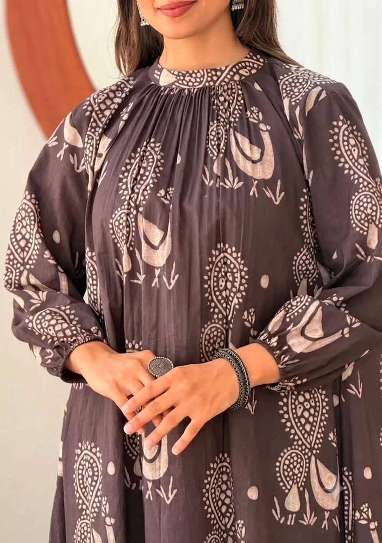 Brown Printed Cotton Kurta Set - Indya
