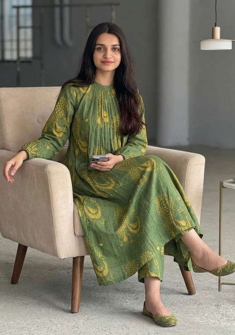Green Printed Cotton Kurta Set - Indya