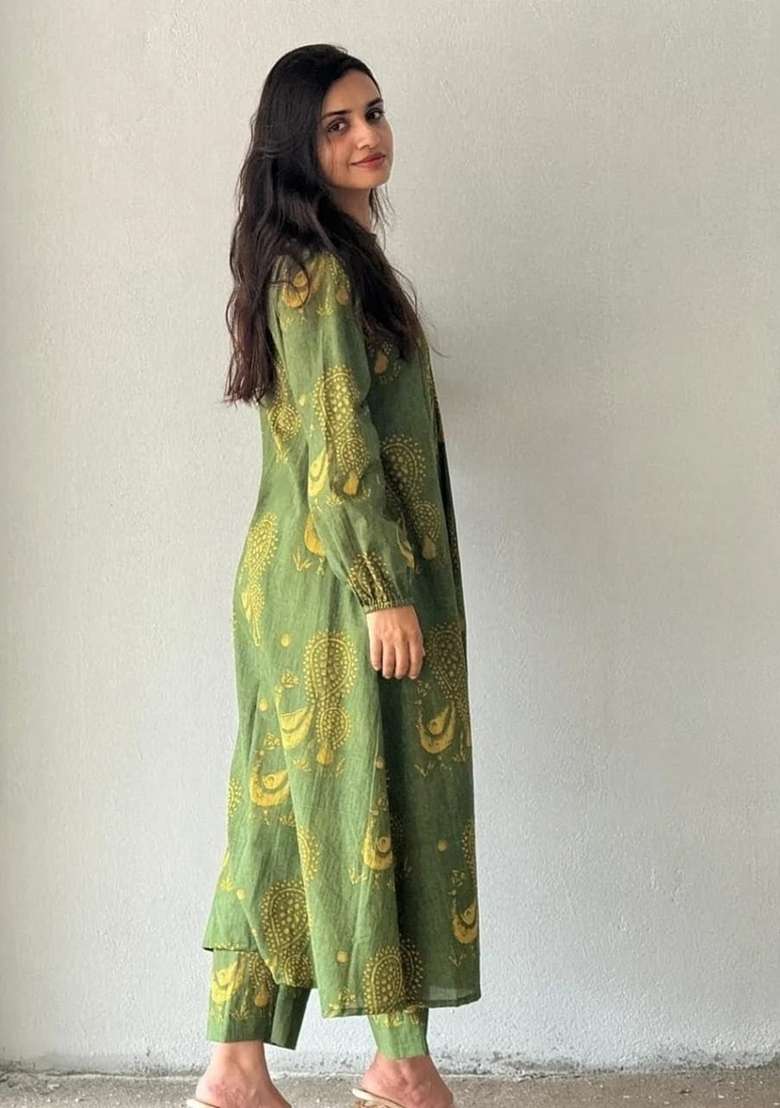 Green Printed Cotton Kurta Set - Indya
