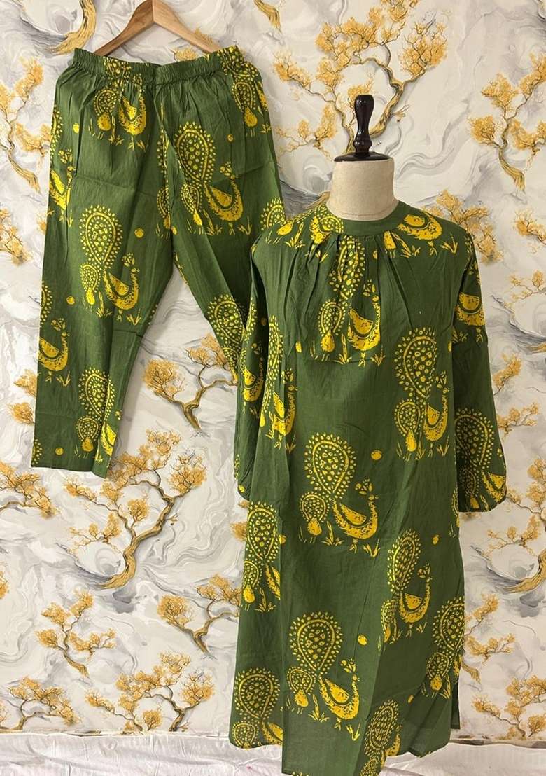 Green Printed Cotton Kurta Set - Indya