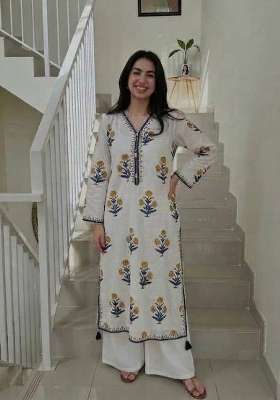 Off White Printed Cotton Kurta Set