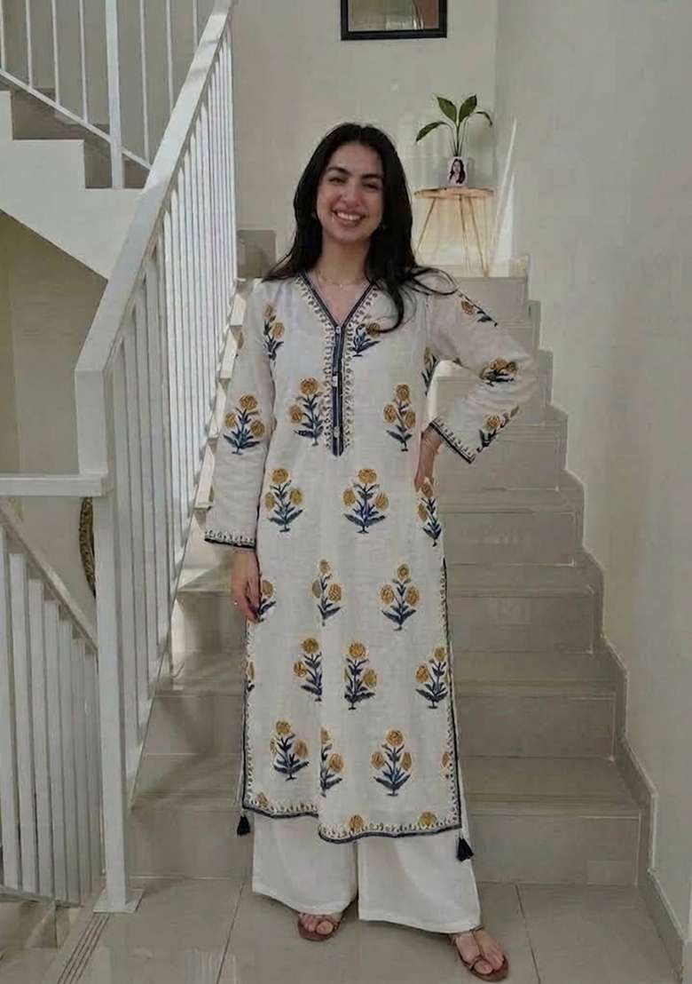 Off White Printed Cotton Kurta Set - Indya