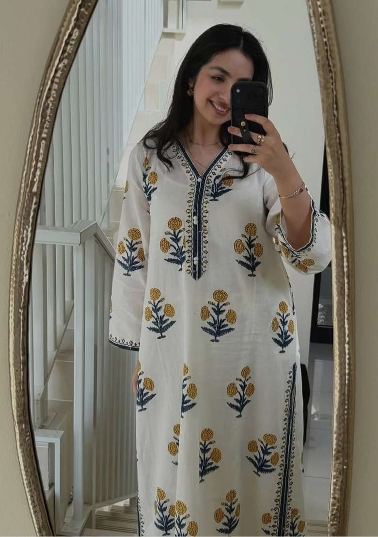 Off White Printed Cotton Kurta Set - Indya