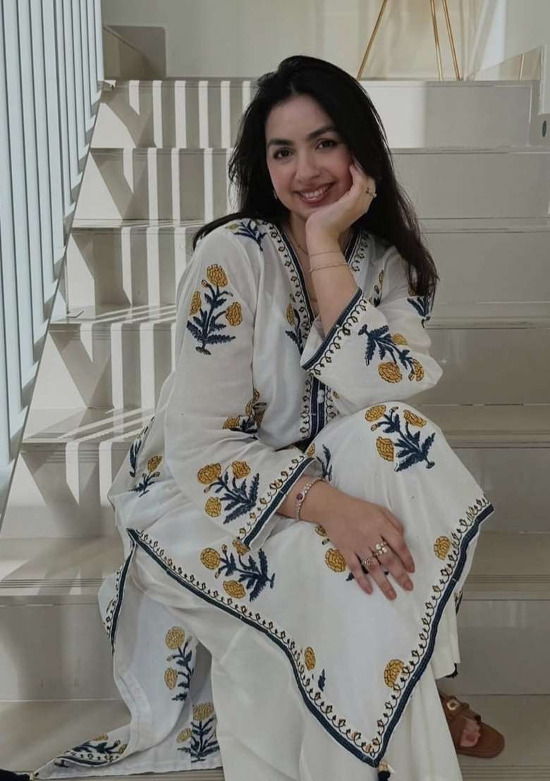 Off White Printed Cotton Kurta Set - Indya