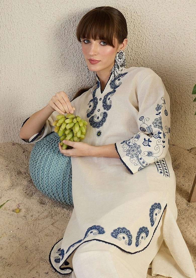 White Embroidery Cotton Kurta Set - Indya