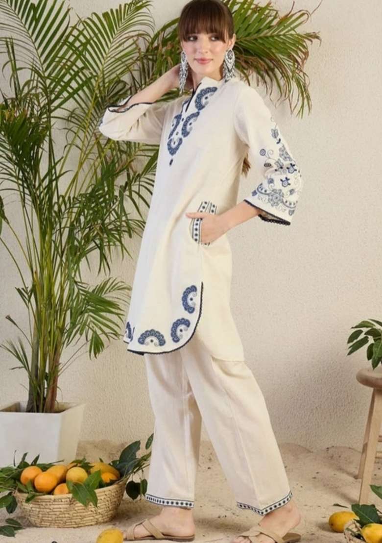 White Embroidery Cotton Kurta Set - Indya