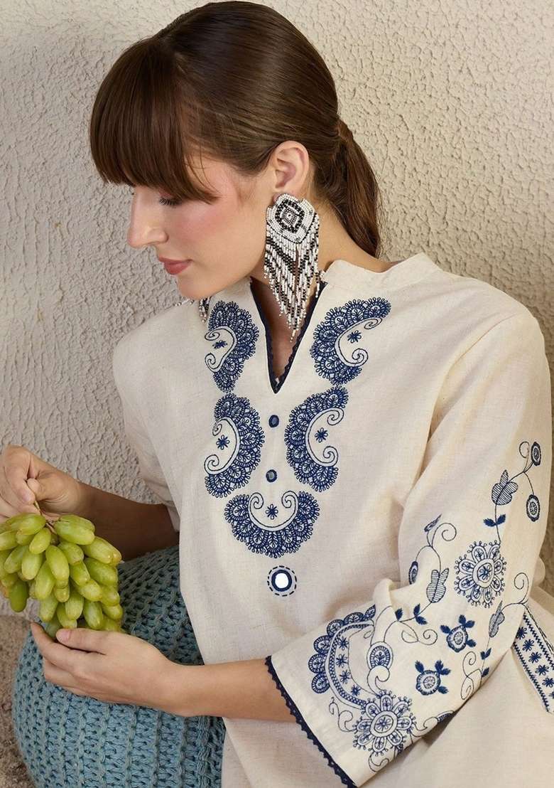 White Embroidery Cotton Kurta Set - Indya