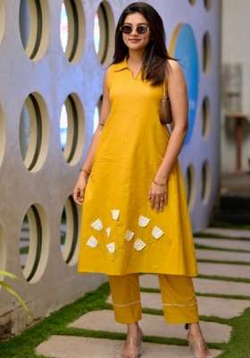 Mustard Plain Cotton Kurta Set