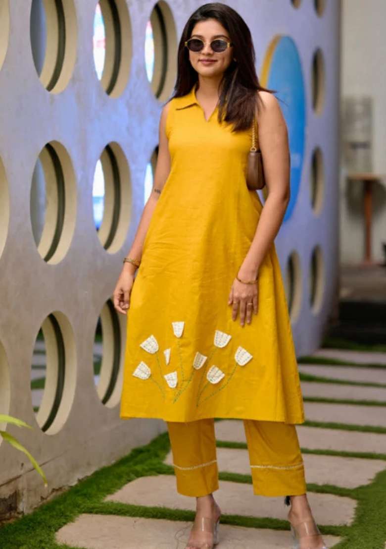 Mustard Plain Cotton Kurta Set - Indya