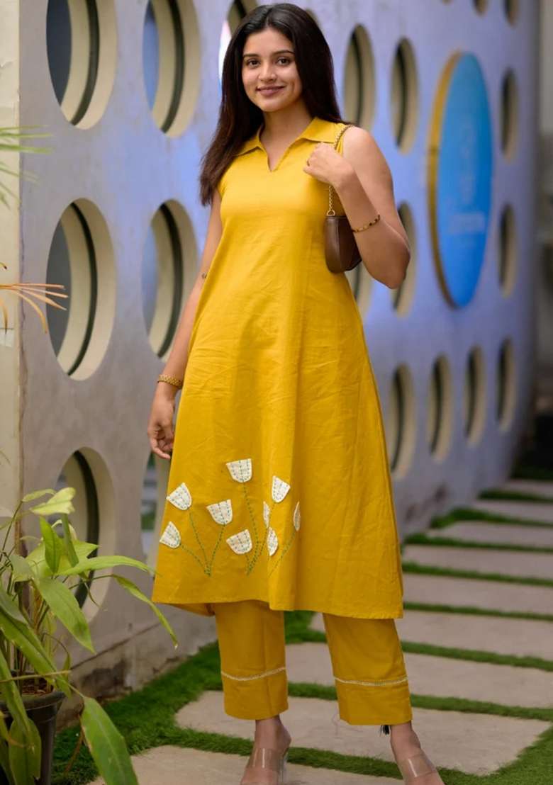 Mustard Plain Cotton Kurta Set - Indya