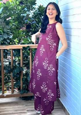 Wine Printed Cotton Kurta Set