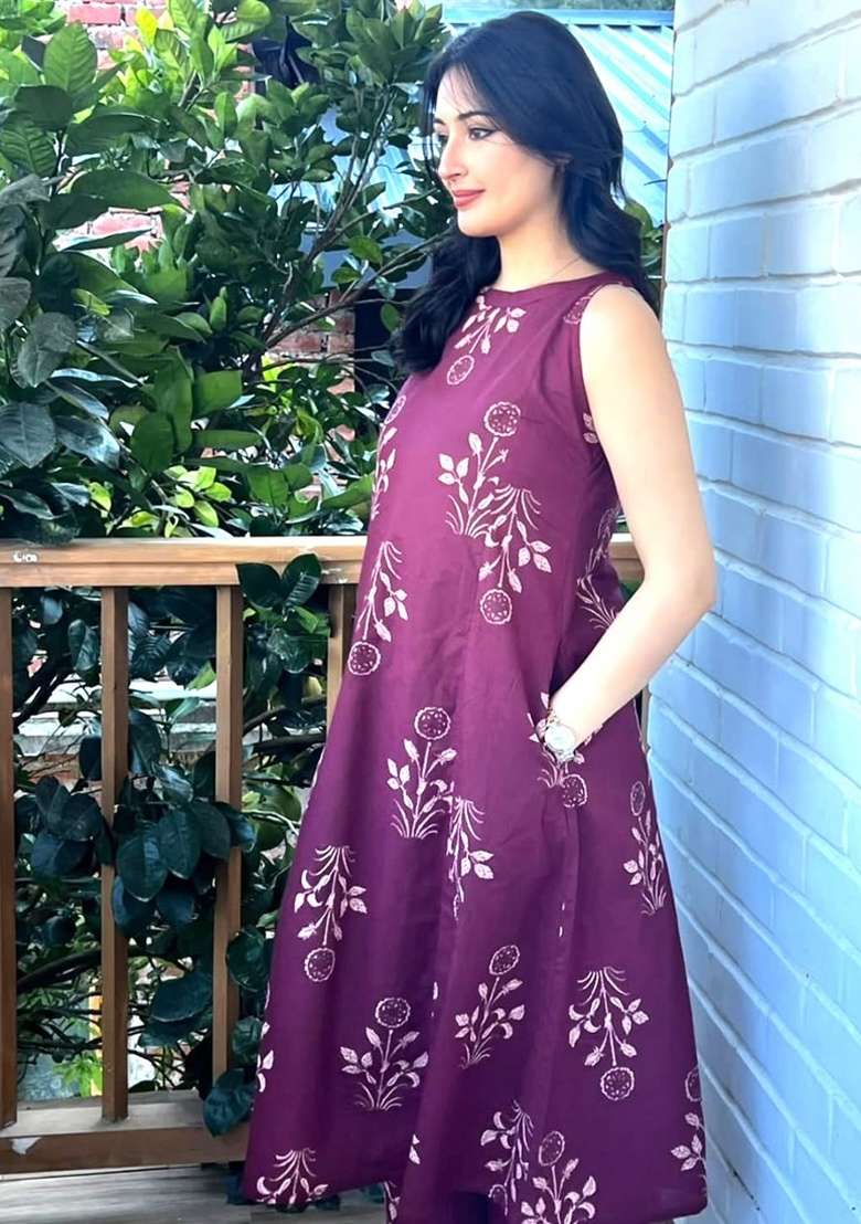 Wine Printed Cotton Kurta Set - Indya