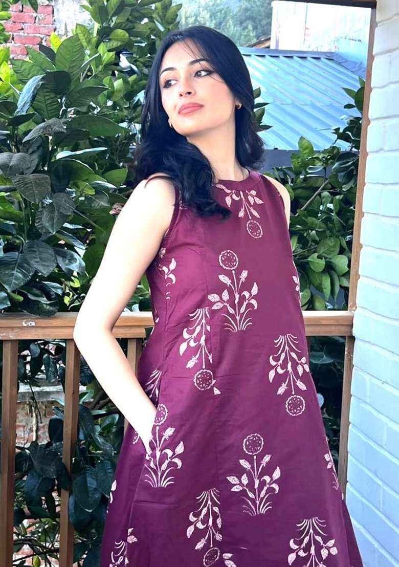 Wine Printed Cotton Kurta Set - Indya