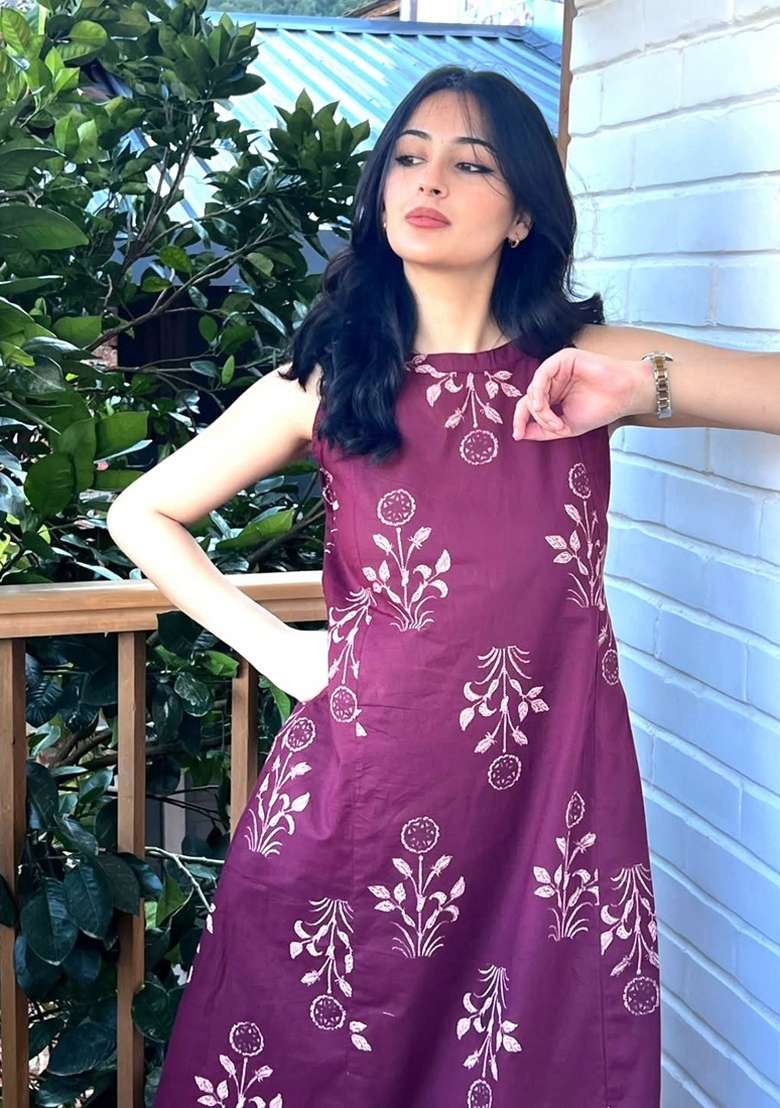 Wine Printed Cotton Kurta Set - Indya