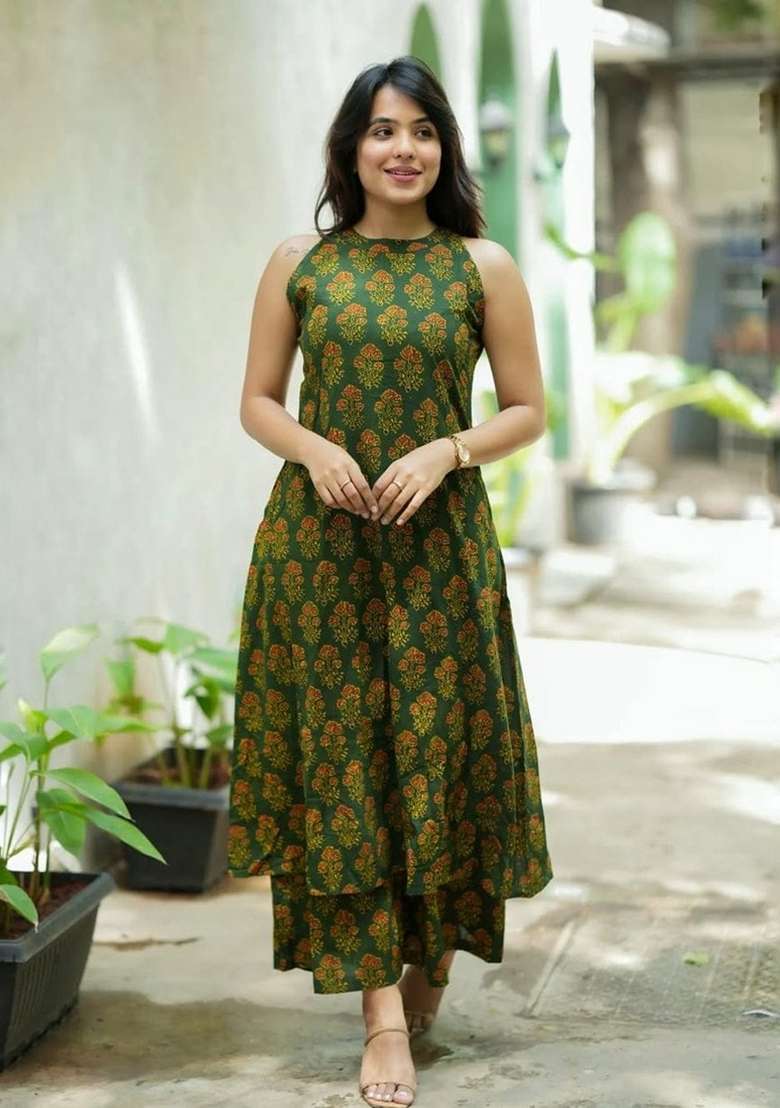 Green Printed Cotton Kurta Set - Indya