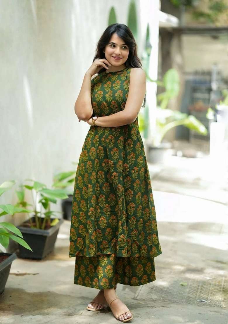 Green Printed Cotton Kurta Set - Indya