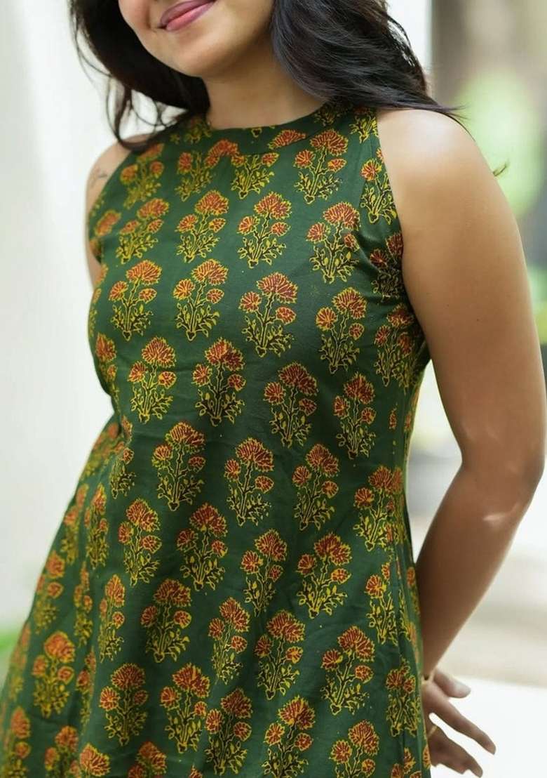Green Printed Cotton Kurta Set - Indya